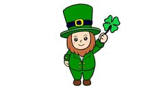 a cartoon leprezin holding a shamrock and pointing to the side with his hand