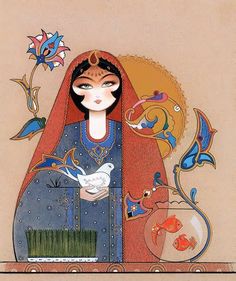 an illustration of a woman holding a bird and fish in her hand, with arabic writing