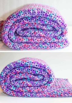 crocheted blankets are stacked on top of each other