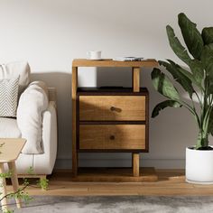 a living room with a couch, chair and potted plant on the side table