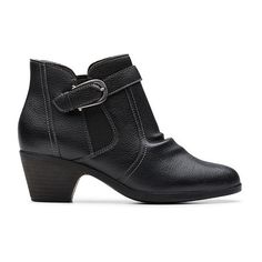 Defined by comfort and versatility, ankle boot Emily 2 Opal is a no-brainer when it comes to your new-season closet. Stacks of underfoot cushioning lets pillowy support lead the way, while a sculpted heel and crafted leather uppers combine to embody timeless style - perfect for workwear and dress-casual moments. Durable black leather upperElastic gore for easy foot entryBuckle fastening delivers a secure, custom fitUltimate comfort pu foam footbedGrippy TR(thermoplastic rubber) outsoleHeel heig… Casual Low Heel Booties For Work, Casual Low Heel Heeled Boots For Work, Casual Low Heel Boots For Work, Casual Workwear Boots With Buckle Closure, Casual Heeled Boots With Buckle Closure In Medium Width, Dress Boots Black, Boots Dress, Dress Boots, Clarks Women's