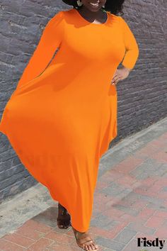 Fisdy - Elegantes Vestidos de Tallas Grandes con Cuello en O y Mangas Largas en Sólido Patchwork Amarillo Green Plus Size Dresses, White Plus Size Dresses, Irregular Dress, Dress Sleeve Styles, Long Sleeve Casual Dress, Stylish Plus, Fashion Dresses Casual, Orange Fashion, Daily Dress