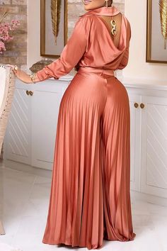 Plus Size Semi Formal Pant Sets Elegant Rust Spring Summer Long Sleeve Wide Leg Pleated Chiffon Two Piece Pant Sets Plus Size Semi Formal, Semi Formal Outfits For Women, Chiffon Two Piece, Top And Wide Leg Pants, Shirt Collar Pattern, Formal Pant, Plus Size Elegant Dresses, Wedding Outfits For Women, Semi Formal Outfits