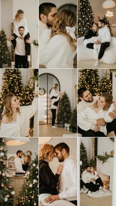 a collage of photos with people and christmas trees