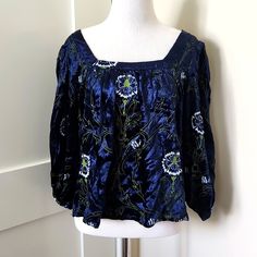 Nwt Anthropologie Blue/Green/White Velvet Boat Neck Long-Sleeved Flowy Blouse. Size Xs. Floral Embroidery Pattern. Incredibly Soft. Never Been Worn. Make Me An Offer Or Ask Me More Questions Below! Blue Long Sleeve Silk Top, Blue Silk Long Sleeve Top, Fitted Blue Blouse With Blouson Sleeves, Blue Fitted Silk Tops, Fitted Silk Blue Tops, Fitted Blue Silk Tops, Blue Silk Blouse With Blouson Sleeves, Spring Blue Silk Top, Blue Silk Top For Spring