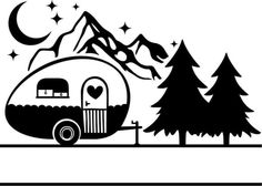 an rv parked in front of trees with mountains and stars on the sky behind it