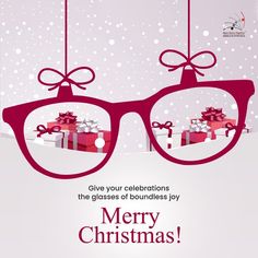 a pair of glasses with christmas presents hanging from the strings, and text give your celebrations the glasses of boundes by merry christmas