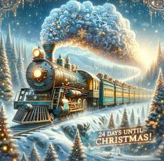 a painting of a train on the tracks with christmas trees in the foreground and snow covered ground