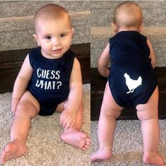 two pictures of a baby wearing a onesie with the words guess what? on it