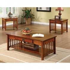 Seville CM4245-3PK 3 Pc. Table Set By Furniture Of AmericaBy sofafair.com 3 Piece Coffee Table Set, Mission Furniture, Pc Table, Coffee Table Set, End Table Sets, Mission Style, Open Shelf, Furniture Of America, Occasional Table