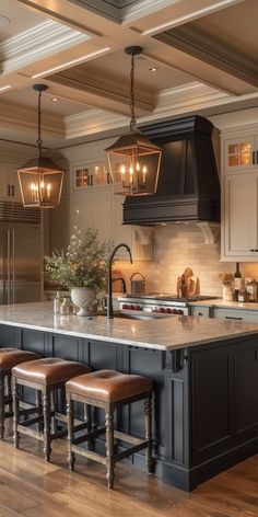 a large kitchen with an island and four stools