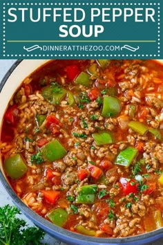 a bowl of stuffed pepper soup is shown with the title above it, and an image of