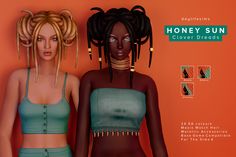 two women standing next to each other in front of an orange wall with the words honey sun clever dreads