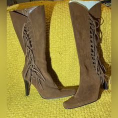 Mia Suede Fringed Heeled Boots In Great Condition *Never Worn* Heel 4” Shaft 13” Great Looking Boots* Fitted Suede Lace-up Boots With Pointed Toe, Western High Heels For Fall, Western Fitted Heels With Pointed Toe, Suede Boots With 4-inch Heel And Medium Width, High Heel Wide Calf Suede Mid-calf Boots, Suede Wide Calf High Heel Mid-calf Boots, Wide Calf Suede Mid-calf Boots With High Heel, Western Style Fitted Heels With Round Toe, Western High Heel Formal Heels