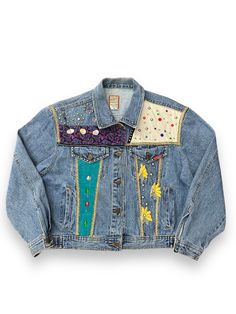 Vintage 90s Mavis Denim Rainbow Rhinestone Studded Jacket (s) Flaws: minor discoloring/spots, one gem stone is missing on front; little coin embellishments are slightly tarnished from age- *see photos 🧶Sizing Details: Fits approximately XS/S Tagged as: 'Small' Pit to Pit: 20" Length: 21" (🎀estimated in women's sizing) Embellished Denim Jacket, Studded Jacket, Embellished Denim, Rhinestone Studs, Gem Stone, Shirt Accessories, Sweater Jacket