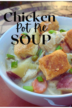 a white bowl filled with chicken pot pie soup