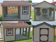 four different types of chicken coops in various styles and sizes, including one with the door open