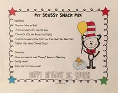 an image of a birthday card for a child's party with the message happy birthday dr seussy snack mix