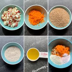 six pictures showing different types of food being made in bowls and spoons, including apples, carrots, oatmeal, and other ingredients