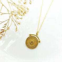 "Gold Coin necklace | Gold Pendant Necklace | Gold Coin Chain | Disc Necklace | Ancient Coin | Roman coin | Gift for woman Absolutely stunning and of good quality ancient coins inspired necklace. perfect for wearing alone or layer with other pieces. Charm with embossed detailing sits in a half circle setting hanging from a delicate chain , big yet subtle enough to give it that extra presence. ♡ DETAILS Pendant:1.6 cm x 2.3 cm - 0.62\" x 0.9\" Material:24k gold plated 925 Sterling Silver, Total c Ancient Style Gold Brass Jewelry, Gold Amulet Charm Necklace With Coin Pendant, Ancient Style Coin Necklace With Round Pendant, Gold Medallion Charm Necklace With Coin Pendant, Gold Charm Necklace With Coin Pendant, Ancient Style Coin Pendant Medallion Necklace, Bronze Coin Pendant Necklace, Ancient Style Coin Pendant Necklace, Yellow Gold Coin Necklace With Clavicle Chain