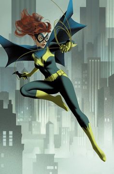 a woman flying through the air while wearing a batman suit and mask with city buildings in the background