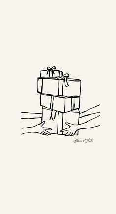 a black and white drawing of a stack of wrapped gift boxes on the ground, with one hand reaching for it