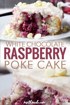 a white chocolate raspberry poke cake is cut in half and stacked on top of each other