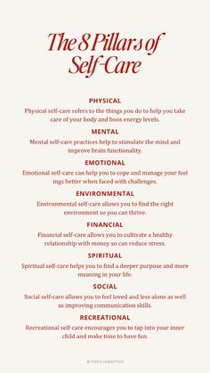 Discover the 8 Pillars of Self-Care for a balanced, fulfilling life. Focus on physical wellness with exercise and nutrition, mental wellness with mindfulness and learning, emotional wellness with self-love and positivity, environmental wellness through respect for nature, financial wellness by managing your resources, spiritual wellness through meditation and reflection, social wellness by nurturing relationships, and recreational wellness through hobbies and relaxation. Embrace self-improvement and personal growth with our comprehensive guide.  self-care, physical wellness, mental wellness, emotional wellness, environmental wellness, financial wellness, spiritual wellness, social wellness, recreational wellness, self-improvement, personal growth, women wealth and wellness club Self Care Pillars, Improve Physical Health, Self Care Reset, Physical Exercises For Mental Health, Pillars Of Self Care, Physical Improvement, Self Improvement Hobbies, Mentally Healing, Self Wellness