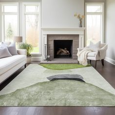 a living room with white couches and a green area rug on the hardwood floor