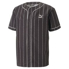 Show your support for the PUMA TEAM in this baseball jersey, complete with classic pinstripes and a rounded collar. $19.95 Casual Team-colored Baseball Jersey With Three Stripes, Casual Three Stripes Baseball Jersey, Casual Striped Jersey With Three Stripes, Varsity Striped Baseball Jersey With Baseball Collar, Striped Varsity Baseball Jersey With Baseball Collar, Casual Striped Jersey For Sports Events, Casual Striped Jersey, College Baseball Jersey With Three Stripes, Sporty Baseball Jersey With Contrast Stripes