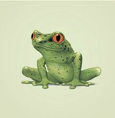 a green frog with orange eyes sitting on the ground