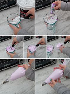 the process of making an ice cream sundae with whipped cream and pink icing