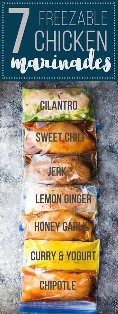 the 7 freezable chicken marinades are on display in their packages, with text overlay