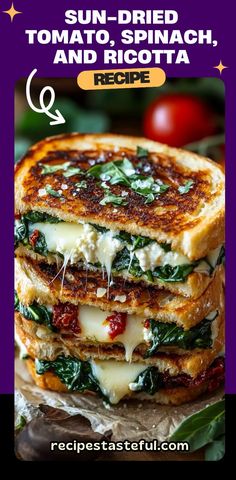 Elevate your grilled cheese with this gourmet twist! This Sun-Dried Tomato, Spinach, and Ricotta Grilled Cheese combines creamy ricotta, mozzarella, tangy sun-dried tomatoes, and fresh spinach for a deliciously satisfying meal.