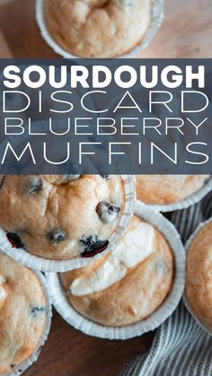 blueberry muffins in paper cups with text overlay that reads sourdough disord blueberry muffins