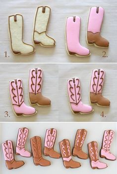 cookies in the shape of cowboy boots and boots with pink frosting on them are shown