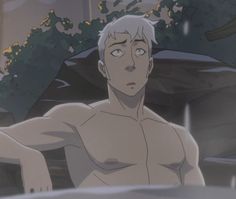 an anime character with white hair and no shirt