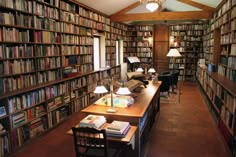 a library filled with lots of books and lamps