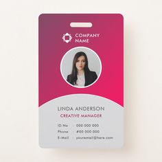 a pink and white id card with a woman's face on the front side