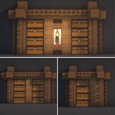 three different views of the inside of a building with wooden doors and shutters on each side