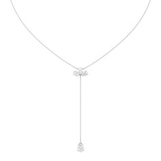 The chicest lariat you can add to your daily-wear jewelry wardrobe. This Y-shaped necklace features a barely-there chain with an adjustable clasp. The Y-tail drops from a trio of diamonds and ends with a pear-cut diamond tip. Count on this piece to bring instant elegance to casual looks. White Gold Lariat Necklace With Adjustable Long Drop Chain, White Gold Lariat Backdrop Necklace With Adjustable Chain, White Gold Long Drop Necklace With Adjustable Chain, White Lariat Necklace In Fine Jewelry Style, Timeless Long Drop Lariat Necklace, Luxury Drop Necklace With Delicate Chain, Daily Wear Jewellery, Jewelry Wardrobe, Pear Cut Diamond