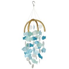 a blue and white wind chime hanging from the ceiling