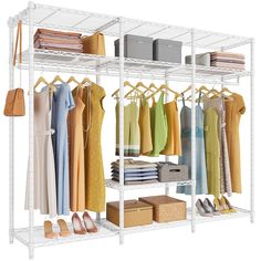 a white shelving unit with clothes and shoes