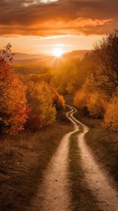 the sun is setting over a dirt road