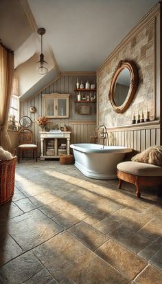 a bathroom with a tub, sink and mirror on the wall next to a window