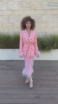 (1) ANDREEVA | Pink Jacqueline Coat With Detachable Feather Cuffs Fitted Feather Trim Outerwear For Spring, Feather Cuffs, Feather Jacket, Pink Feathers, Harajuku, Cuff, Concert, Outfit Accessories, Pink