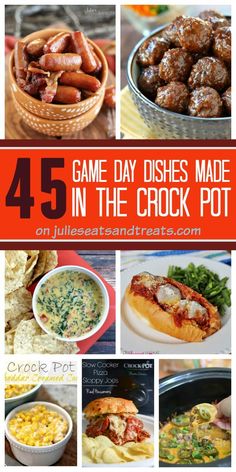 some food that is on top of a table with the words game day dishes made in the crock pot