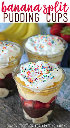 banana split pudding cups with white frosting and sprinkles