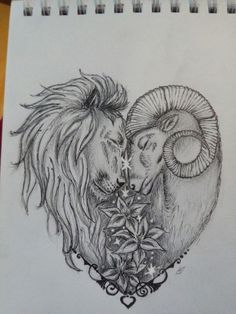 a drawing of two rams in the shape of a heart with flowers and leaves on it