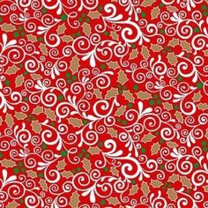 a red background with white swirls and leaves